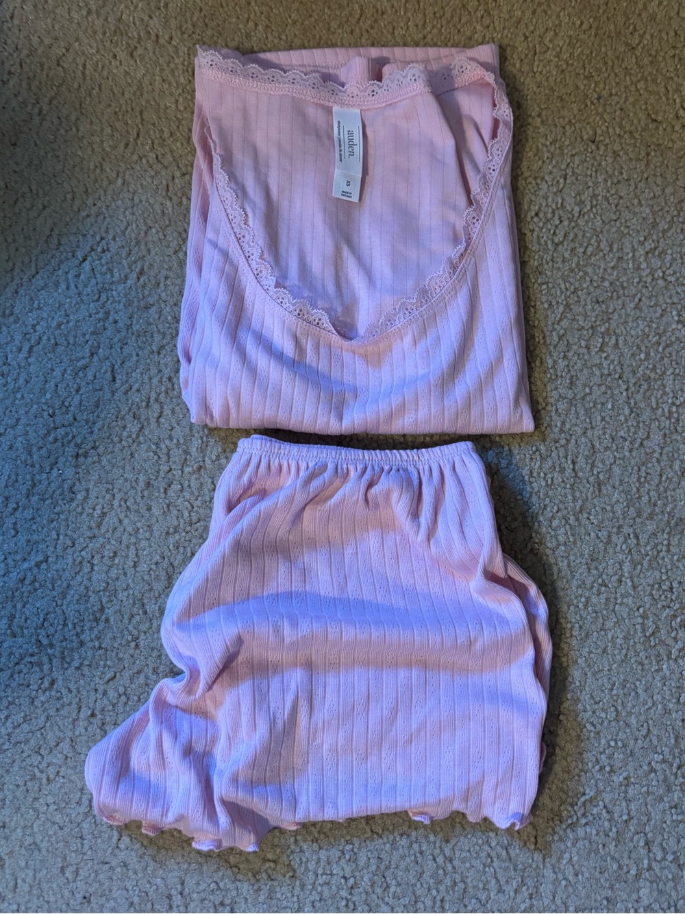 Auden Ribbed Lace-Trim Pajama Set - Light Pink
